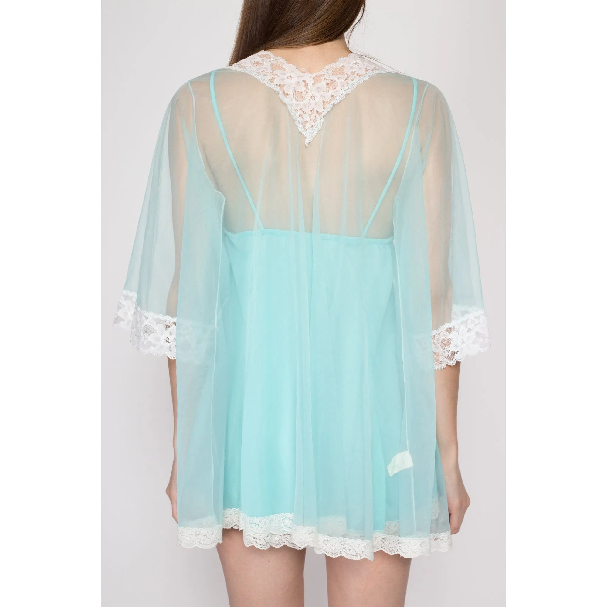 Medium 60s Blue Chiffon Babydoll Peignoir Set