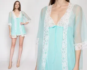 Medium 60s Blue Chiffon Babydoll Peignoir Set