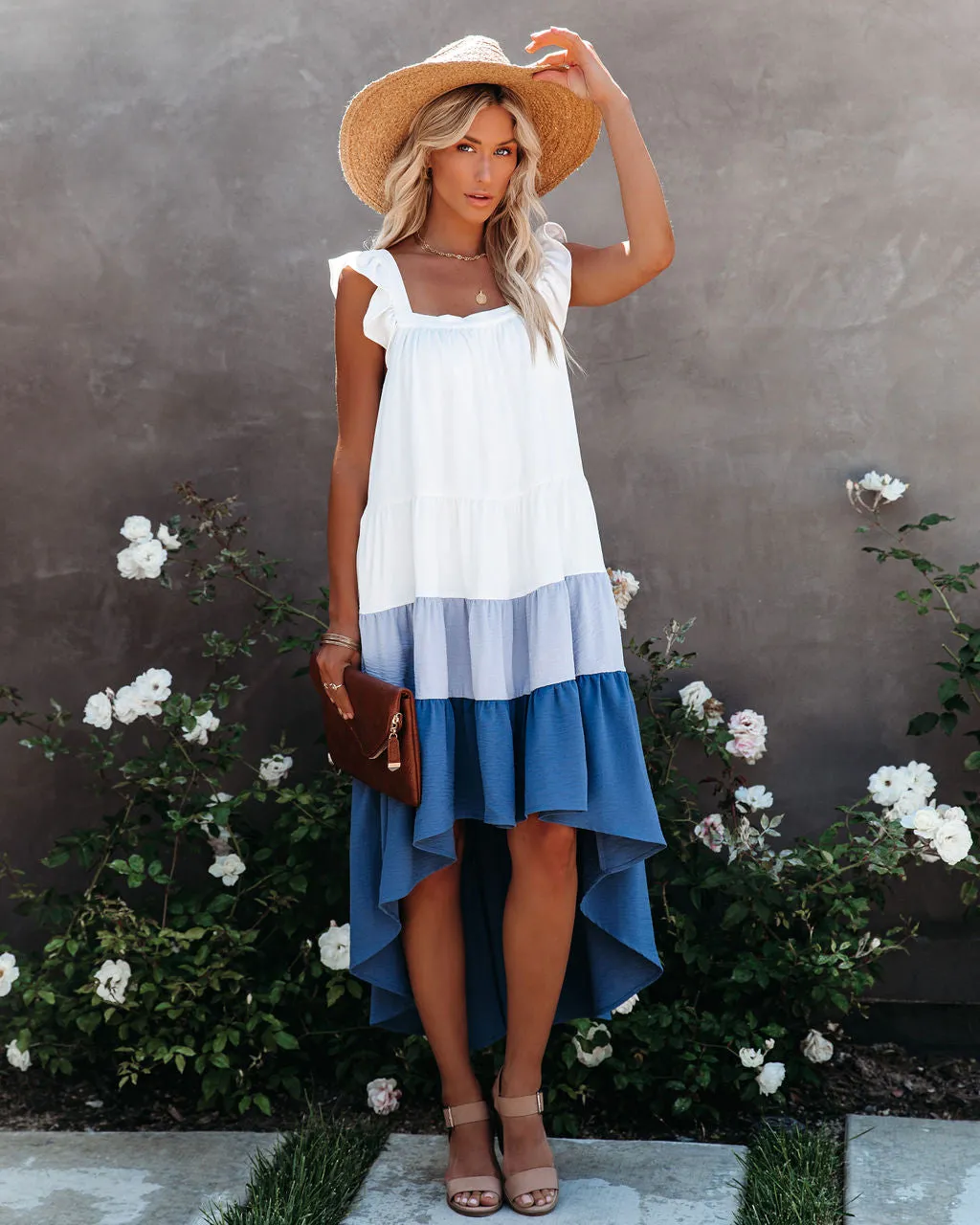 Melody Of Summer Pocketed High Low Tiered Midi Dress - Blue