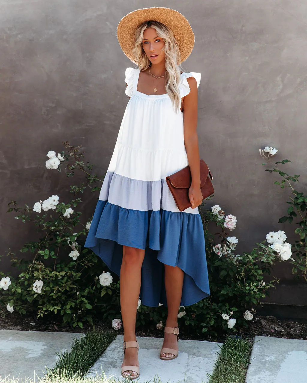 Melody Of Summer Pocketed High Low Tiered Midi Dress - Blue