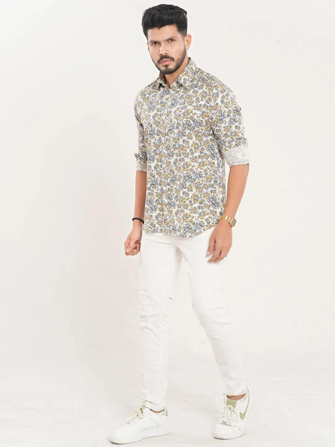 Men's Allover White Micro Floral Full Sleeve Shirt