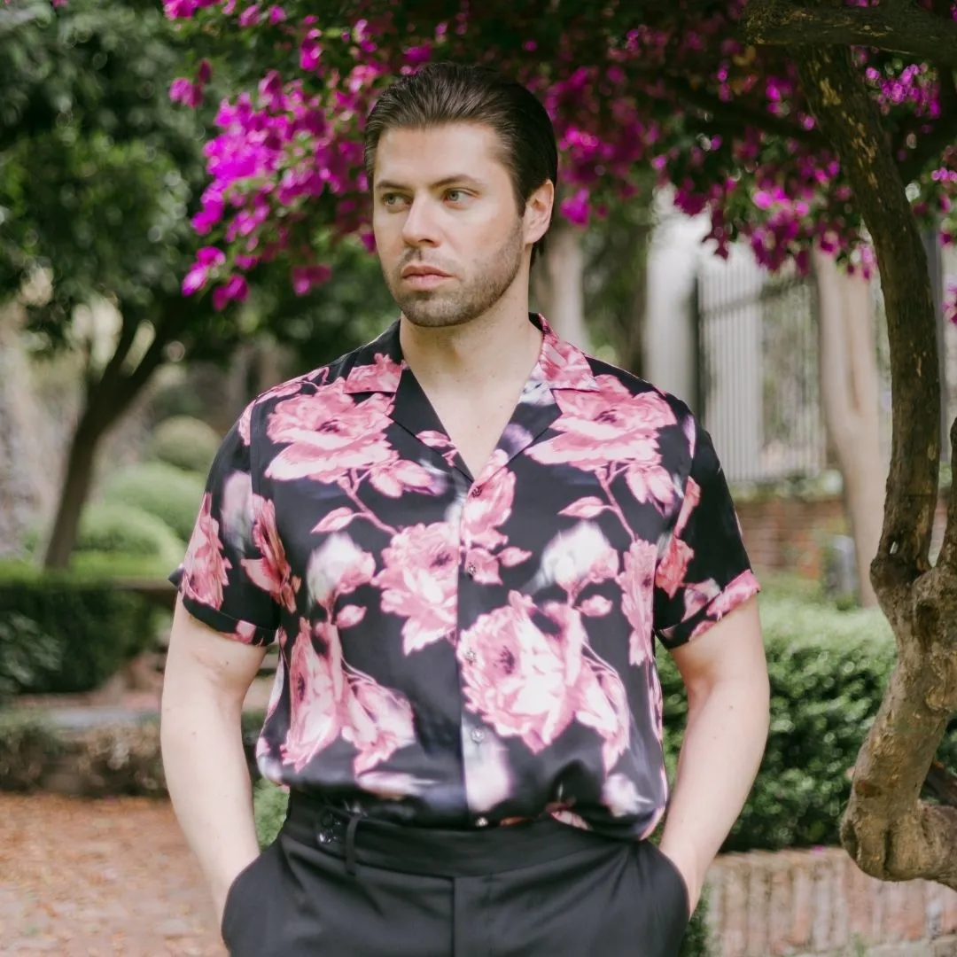 Mens Black Floral Short Sleeve Silk Shirt