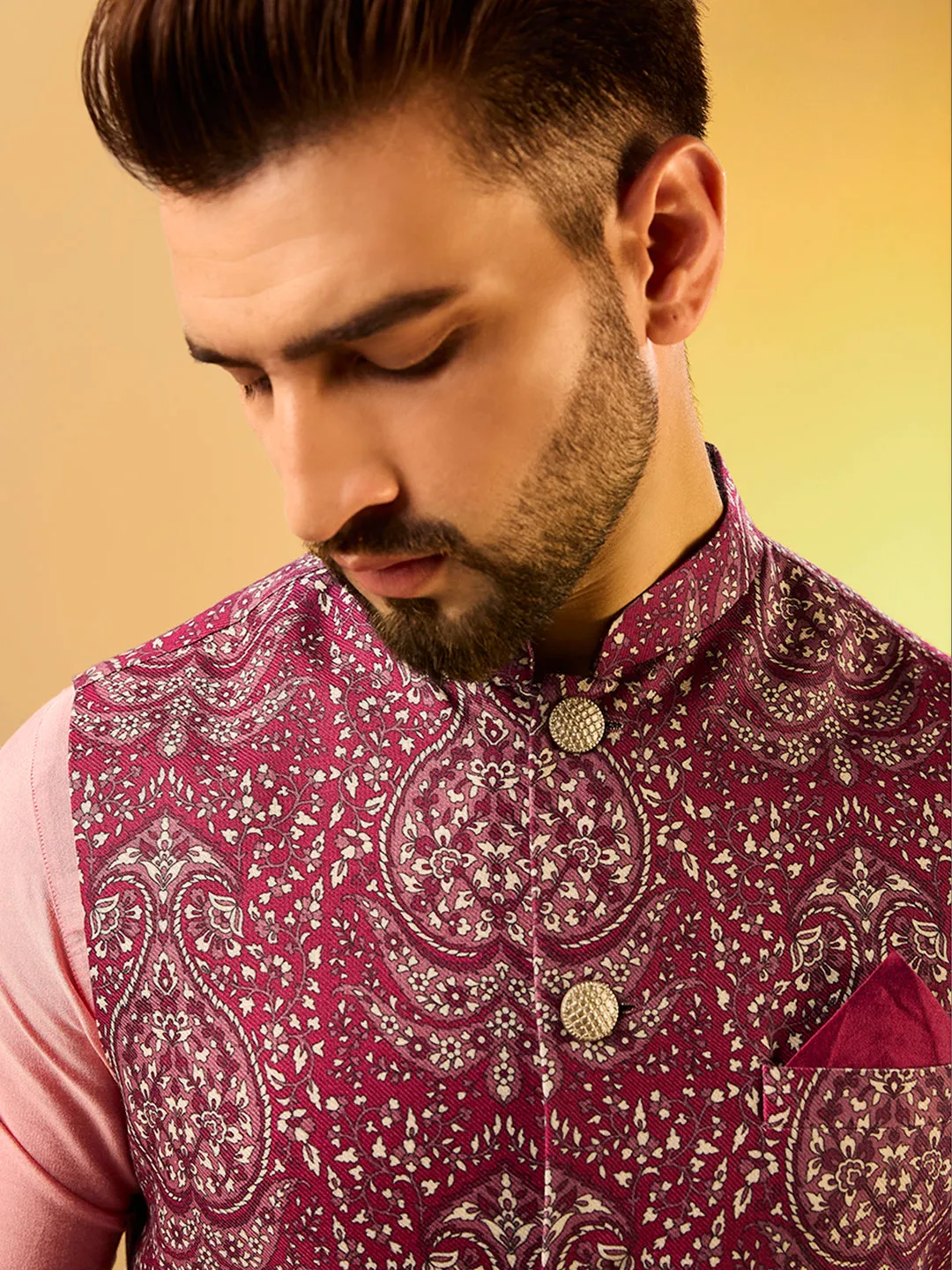 Men's Burgundy Kurta Jacket Churidar Set