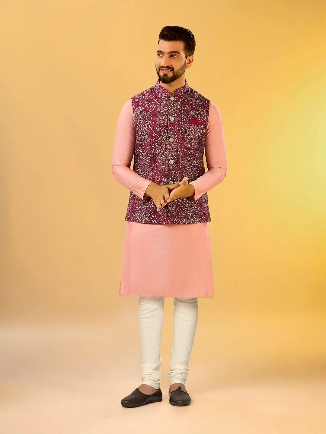 Men's Burgundy Kurta Jacket Churidar Set