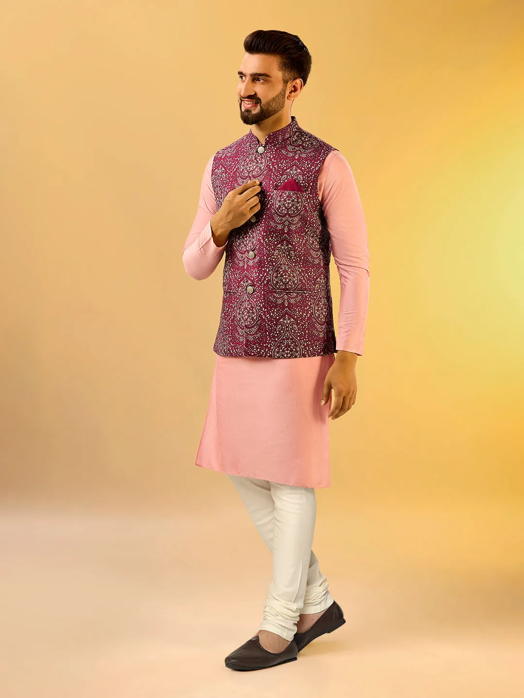 Men's Burgundy Kurta Jacket Churidar Set