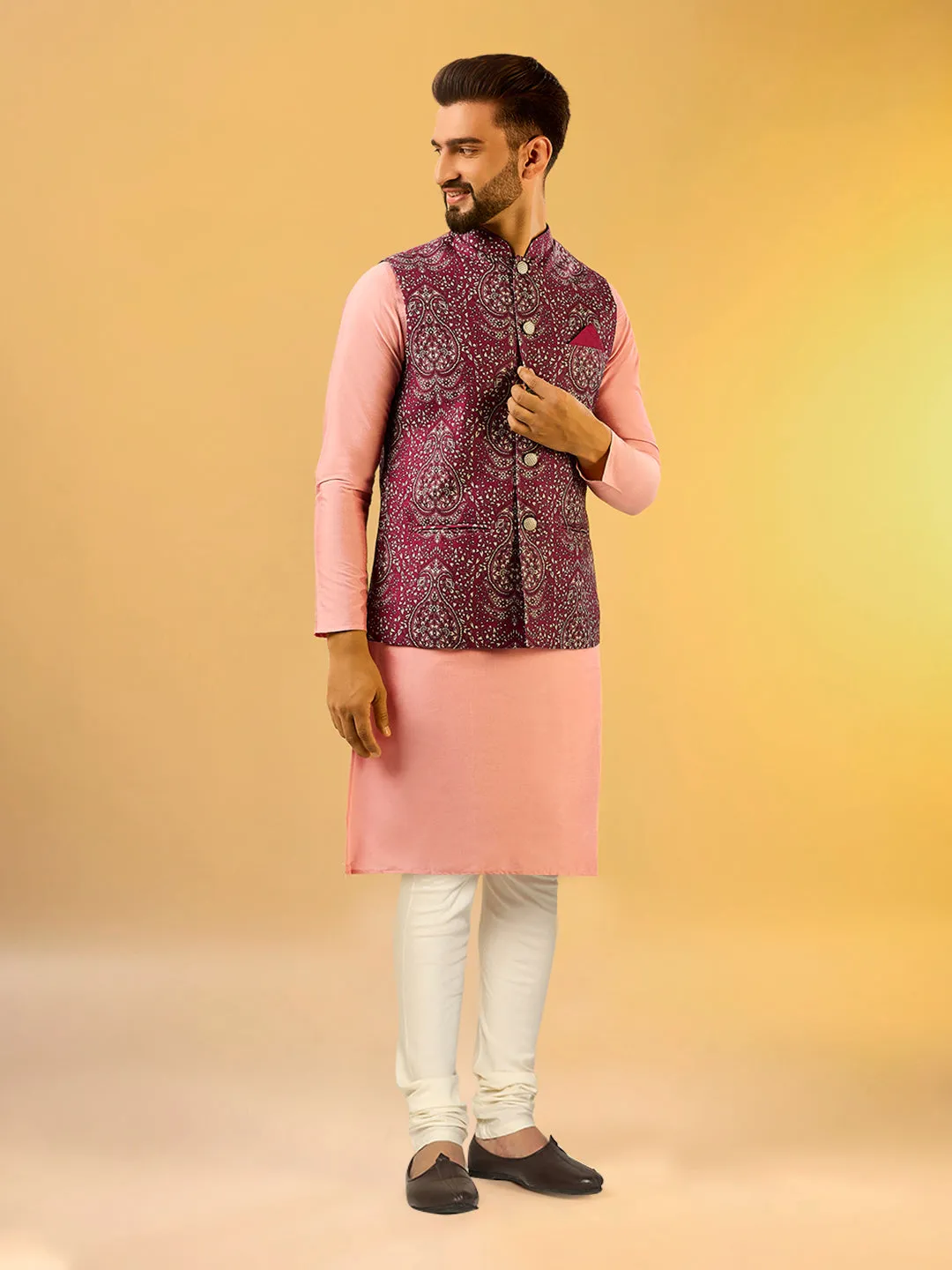 Men's Burgundy Kurta Jacket Churidar Set