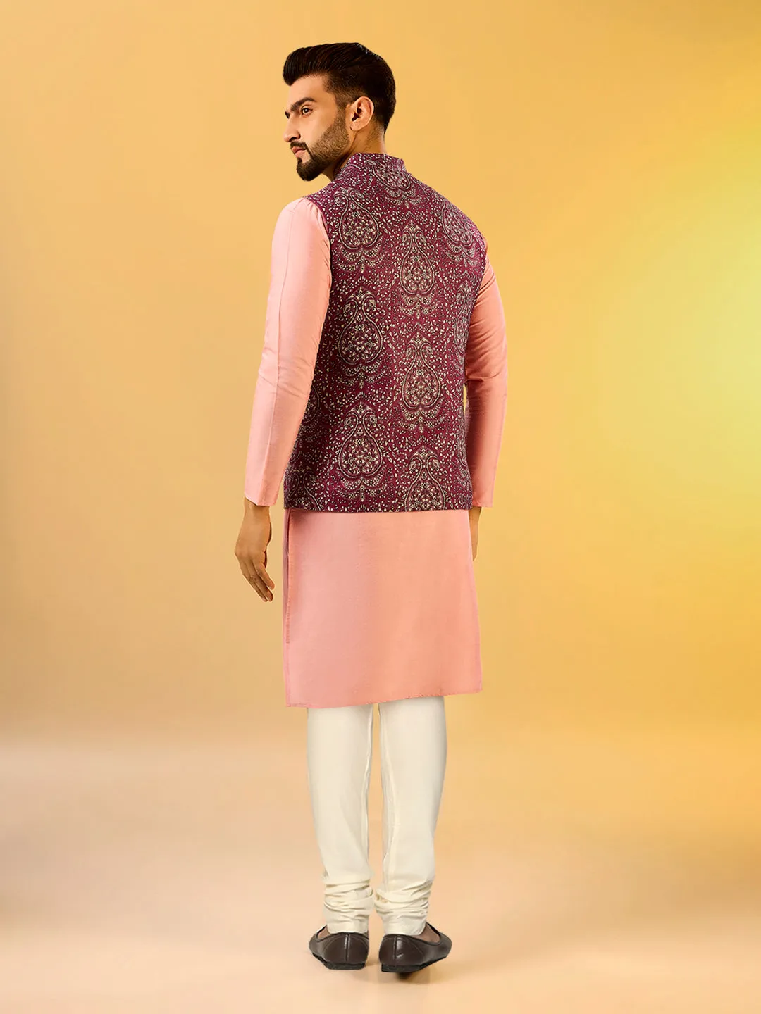 Men's Burgundy Kurta Jacket Churidar Set