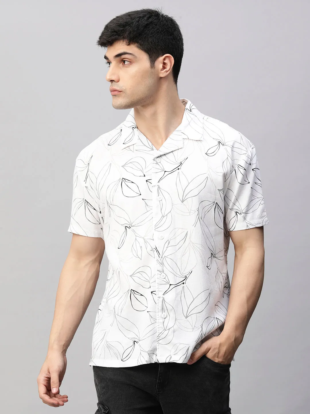 Mens Cuban Collar Printed Casual Shirt