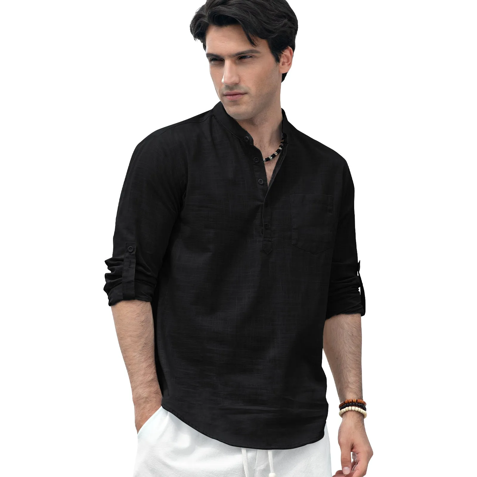 Men‘s Henley Shirt Cotton Linen with Pocket - BLACK