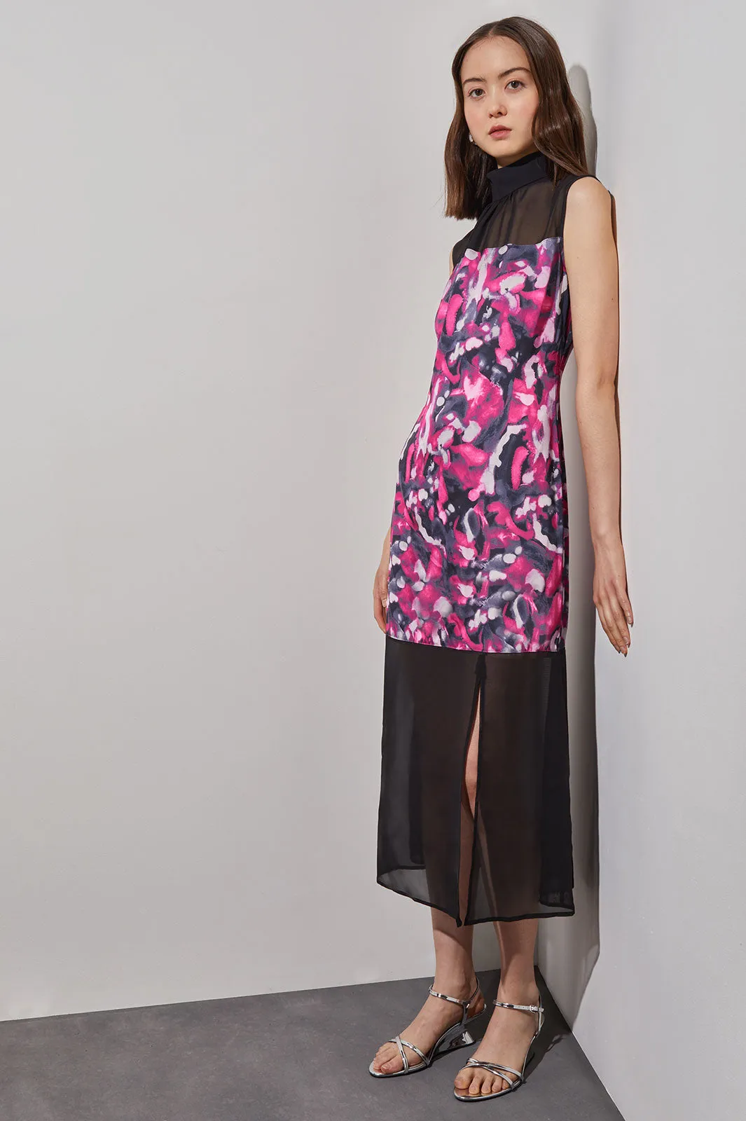 Midi Sheath Dress - Gathered Mock Neck Floral Woven