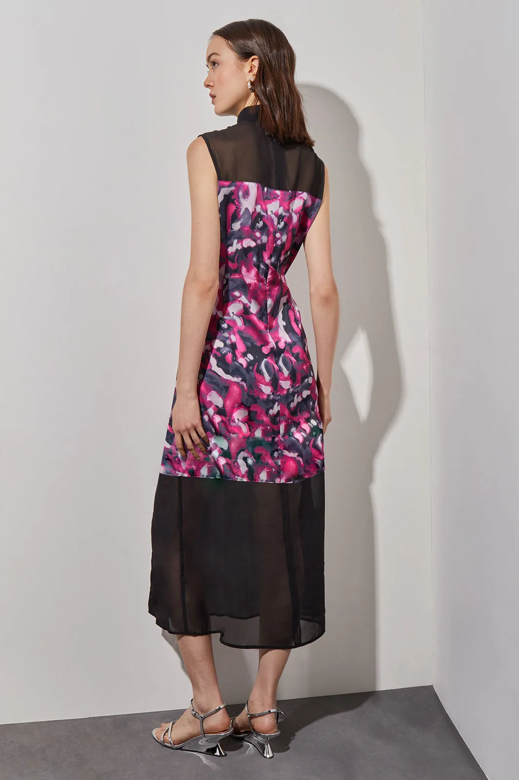 Midi Sheath Dress - Gathered Mock Neck Floral Woven