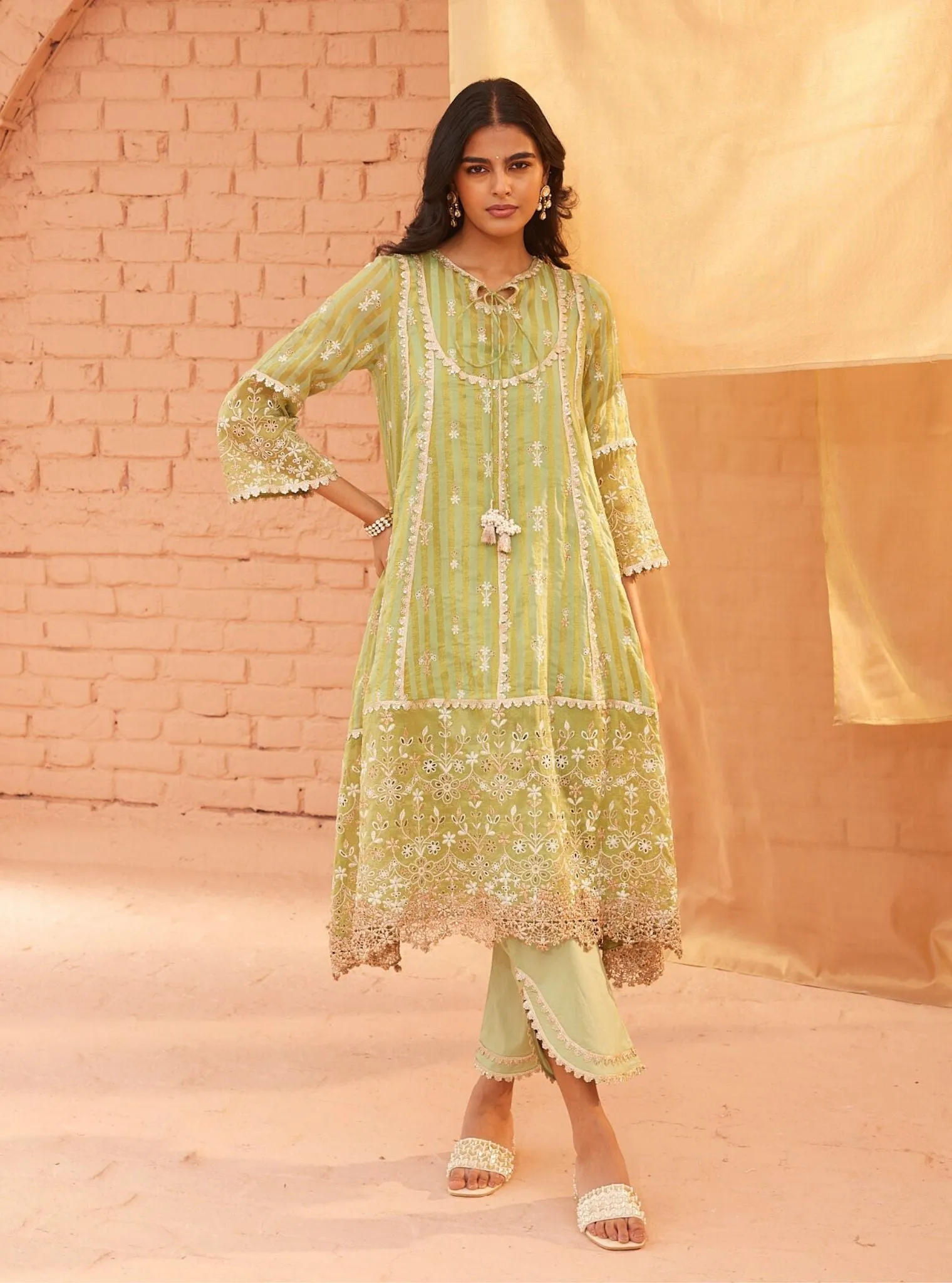 Mulmul Banarsi Bridget Green Anarkali Kurta With Mulmul Cotton Bridget Green Pant