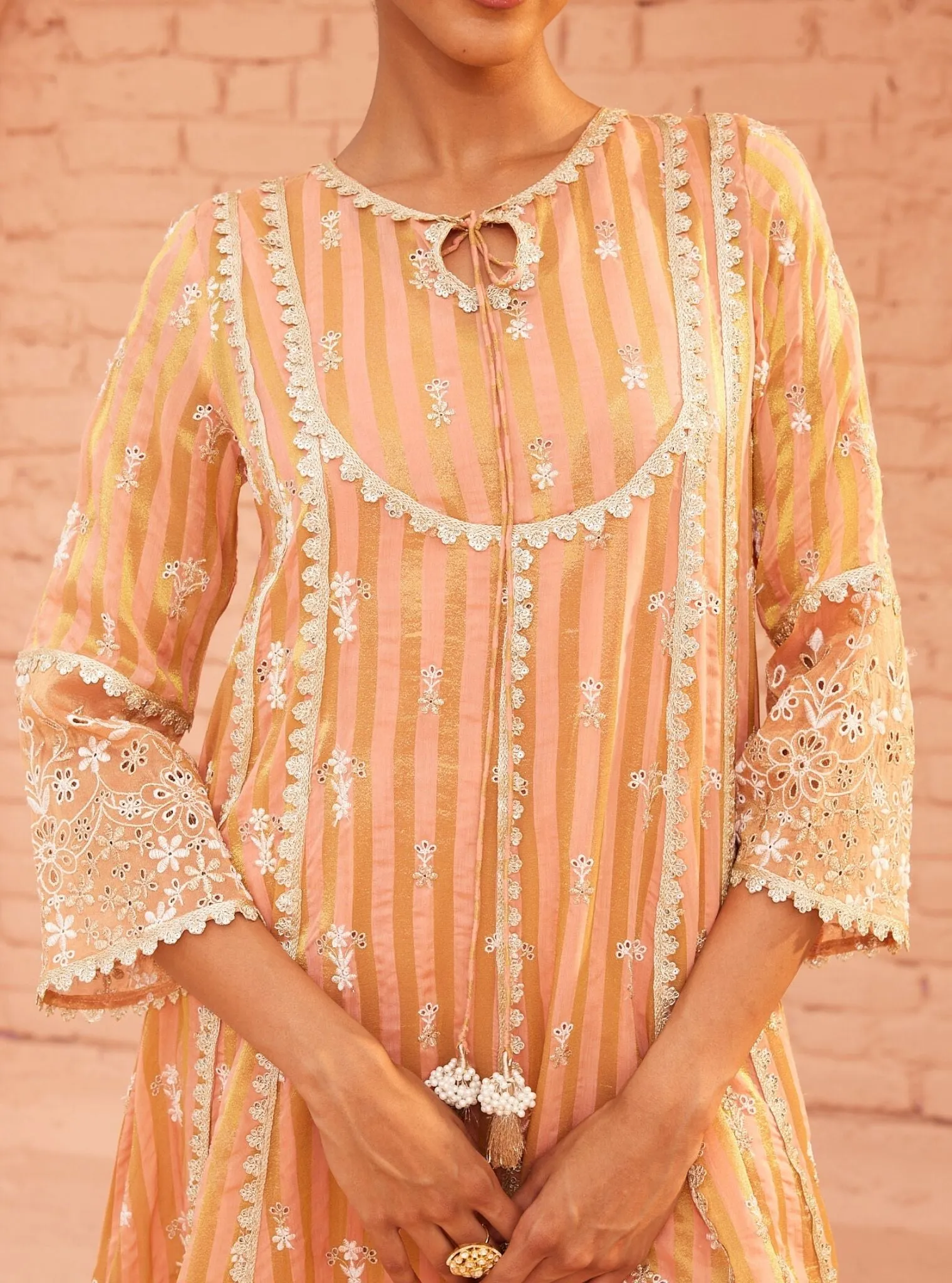 Mulmul Banarsi Bridget Peach Anarkali Kurta With Mulmul Cotton Bridget Peach Pant