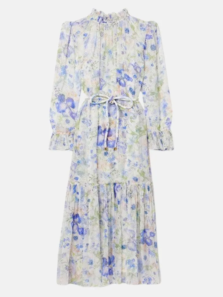 Natura Belted Ruffled Floral Print Crepon Midi Dress