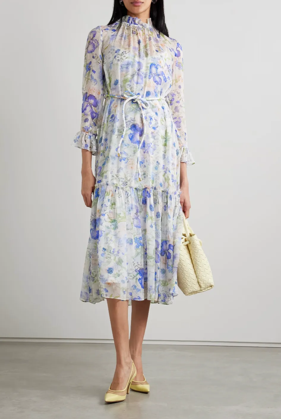 Natura Belted Ruffled Floral Print Crepon Midi Dress