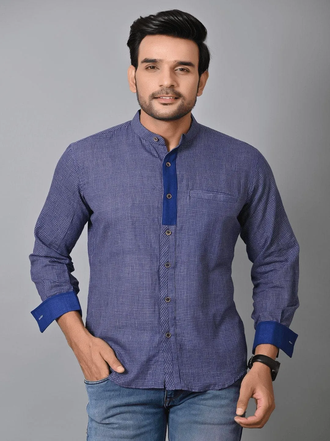 Navy Blue Khadi Soft Check Men Shirt