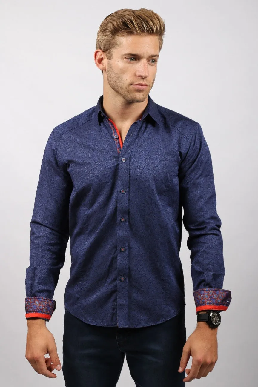 Navy Paisley Jacquard Button Down Shirt