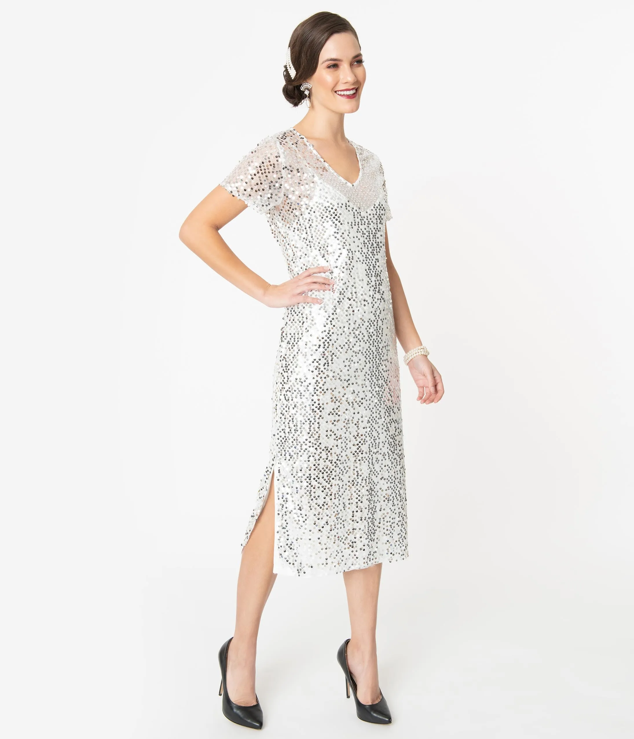 Off White & Silver Sequin Midi Shift Dress