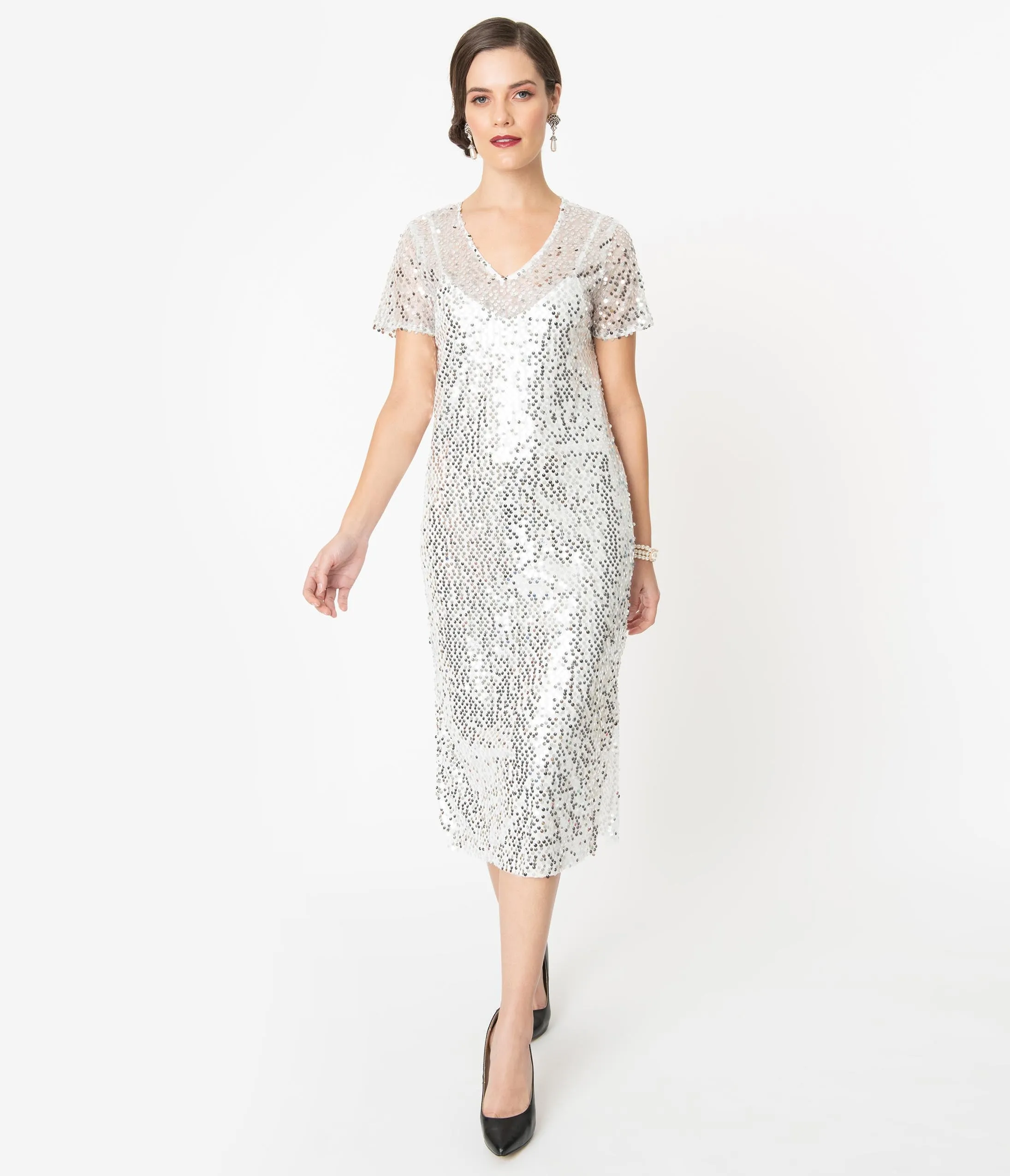 Off White & Silver Sequin Midi Shift Dress