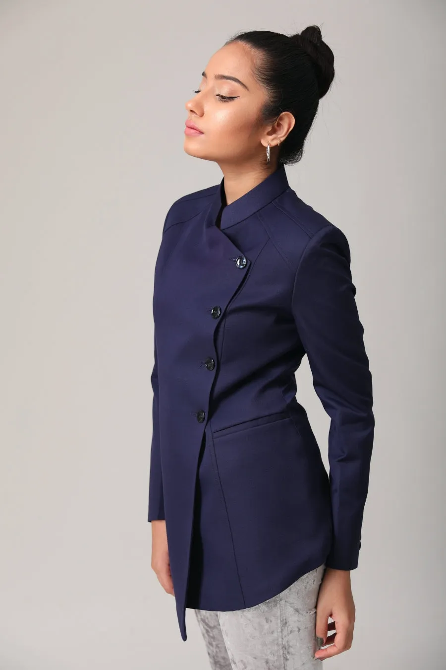 Office Wear Blue Women's Blazer with Stand Collar