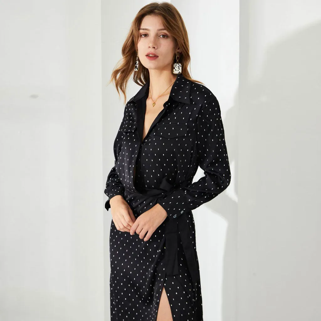 Opulent Crystal Dotted Half Button Bow Tie Long Sleeve Chiffon Midi Shirt Dress