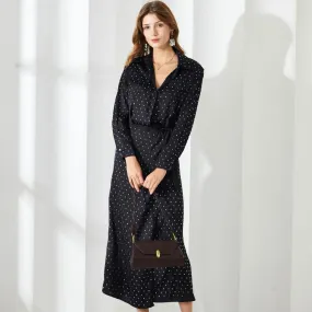 Opulent Crystal Dotted Half Button Bow Tie Long Sleeve Chiffon Midi Shirt Dress