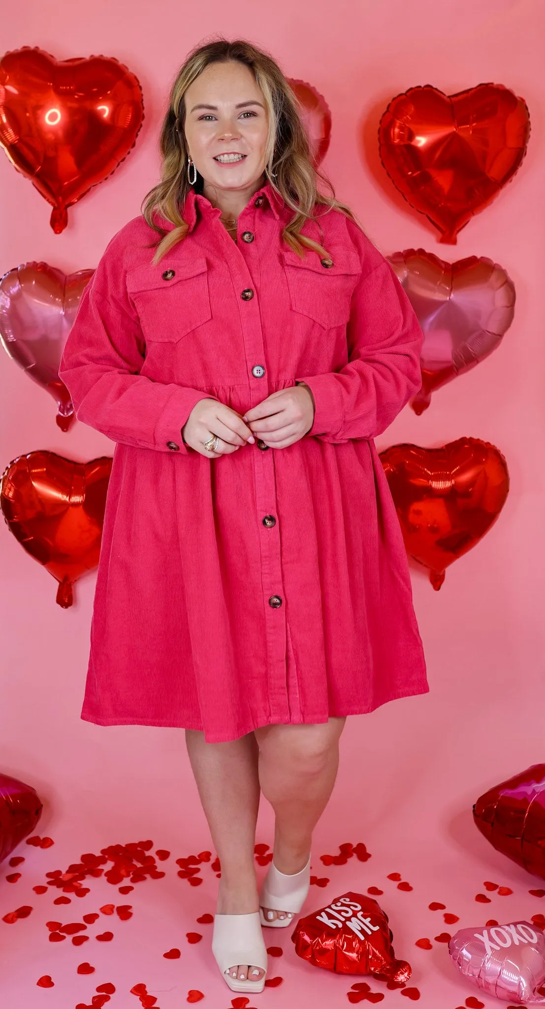 Over The Edge Corduroy Button Up Babydoll Dress in Hot Pink