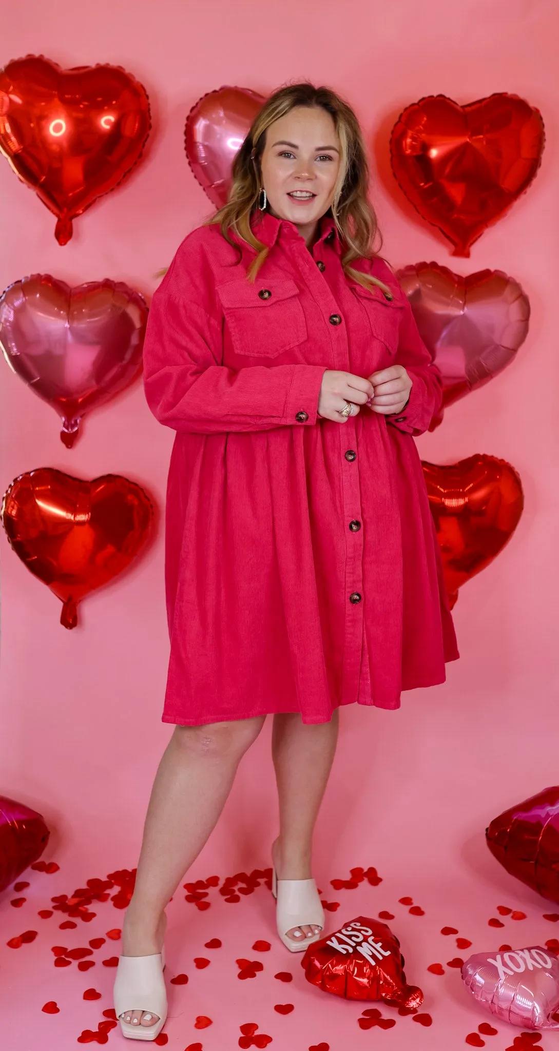 Over The Edge Corduroy Button Up Babydoll Dress in Hot Pink