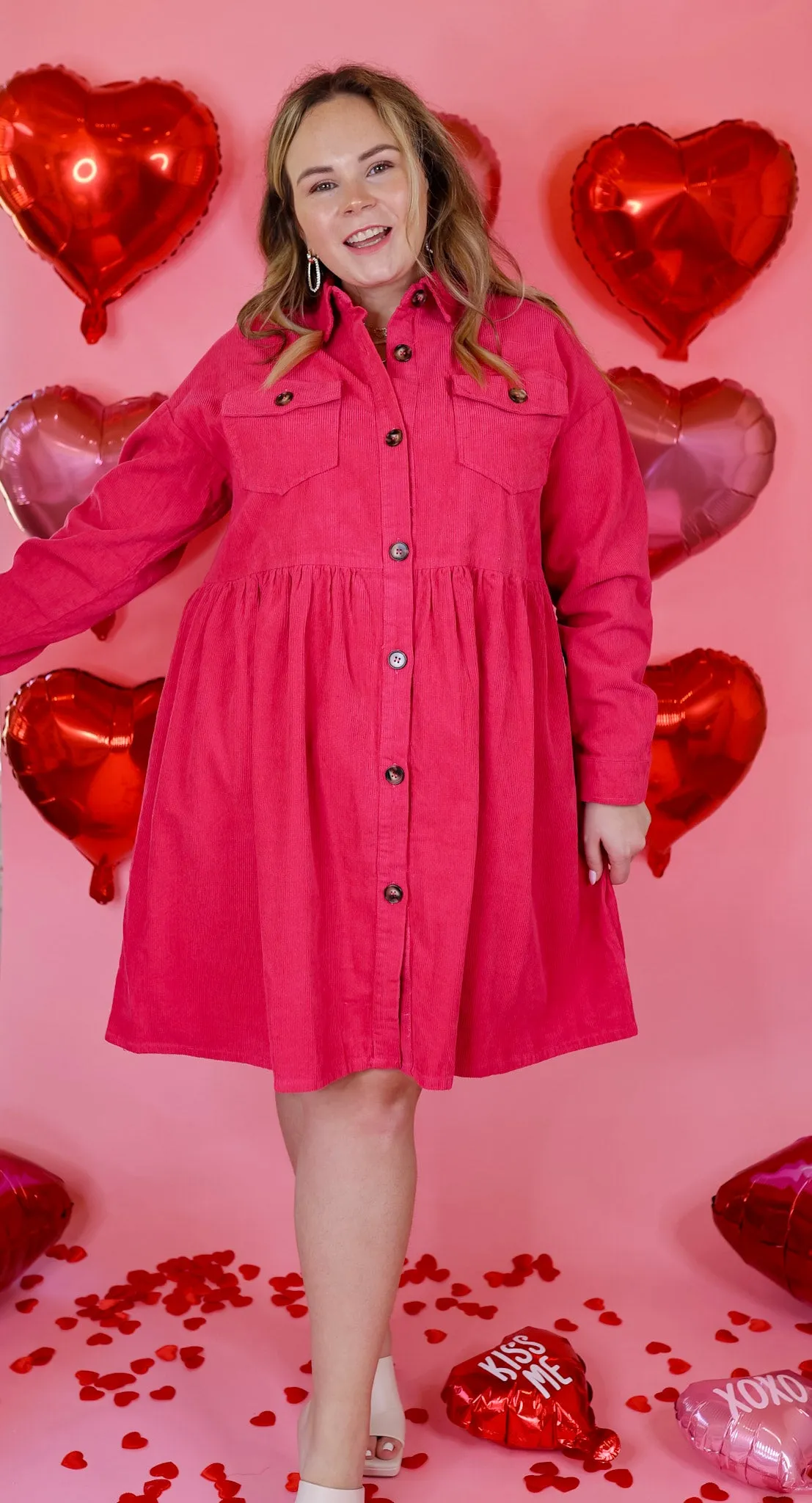 Over The Edge Corduroy Button Up Babydoll Dress in Hot Pink