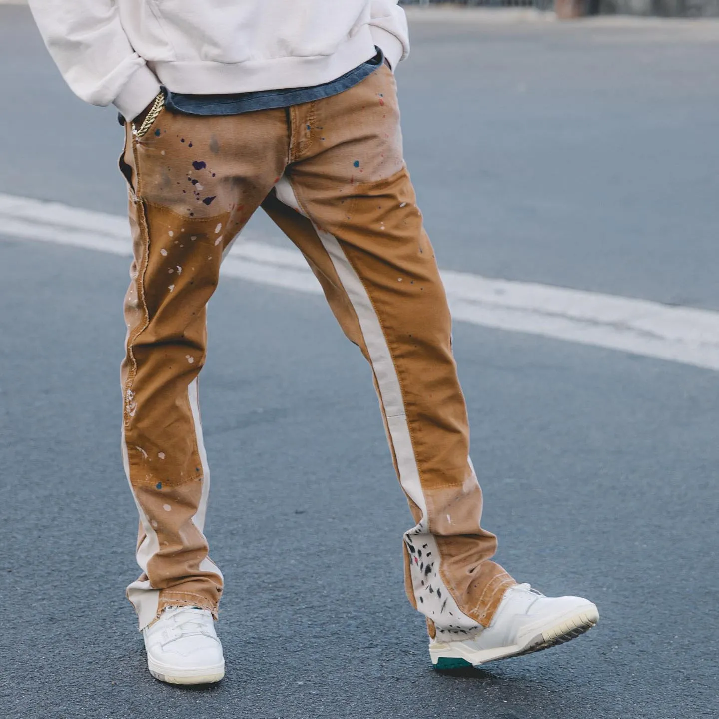 Paneled micro-flare street denim