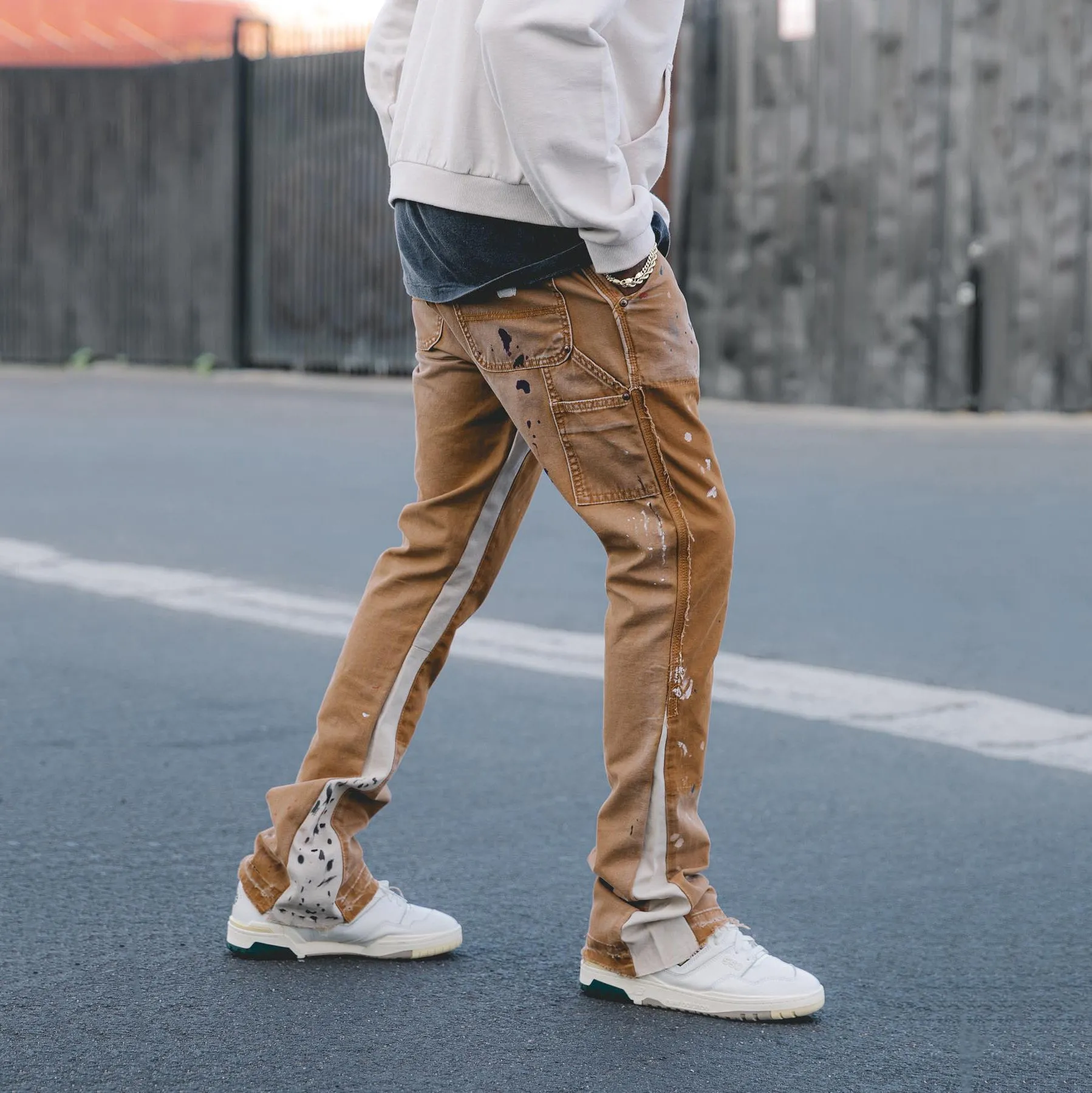 Paneled micro-flare street denim