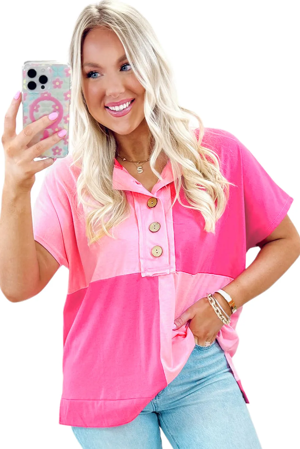 Pink Colorblock Half Button Henley