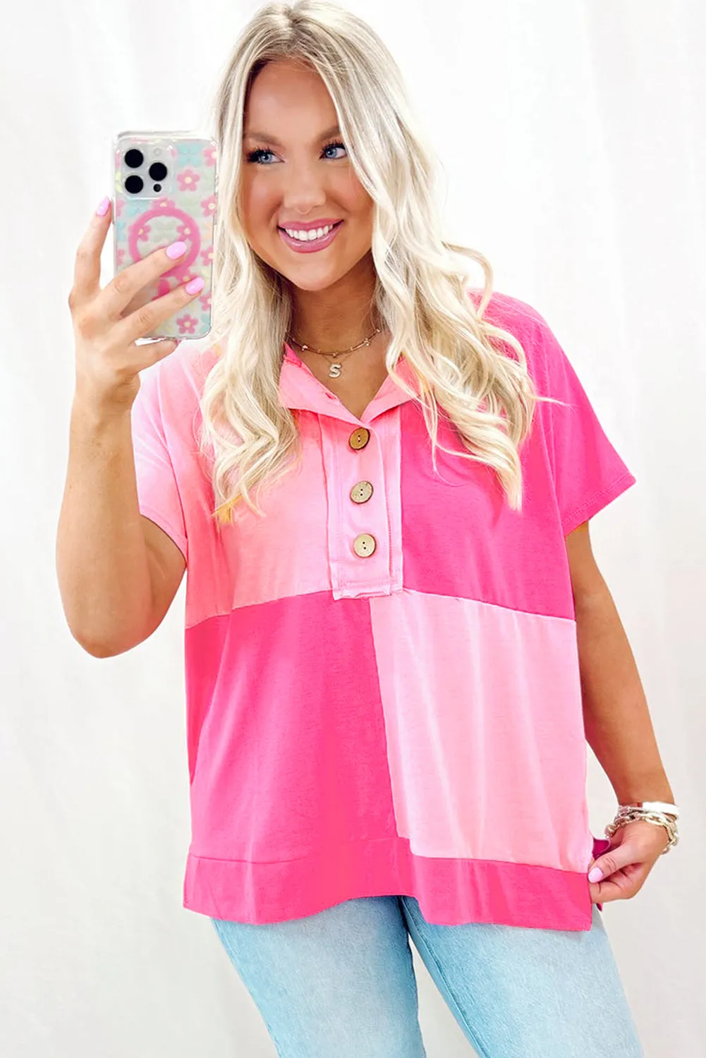 Pink Colorblock Half Button Henley