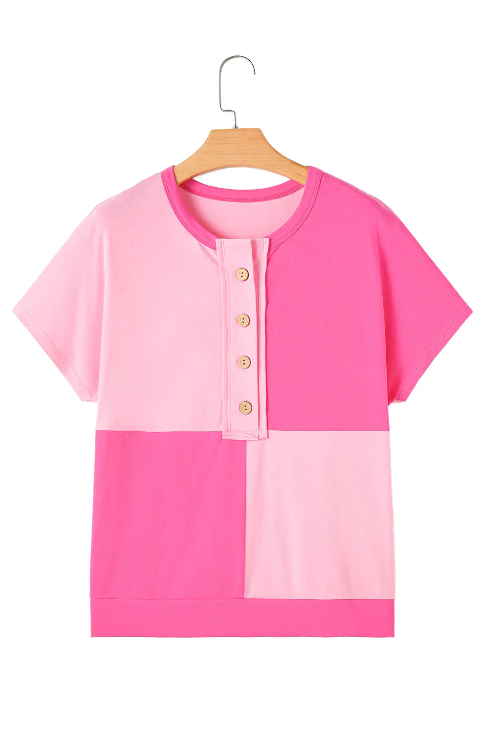 Pink Colorblock Half Button Henley