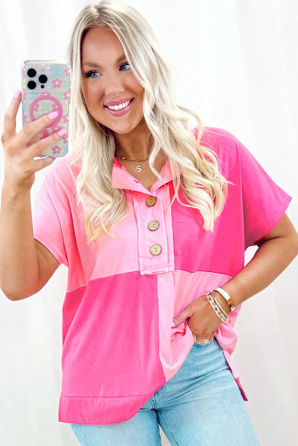 Pink Colorblock Half Button Henley