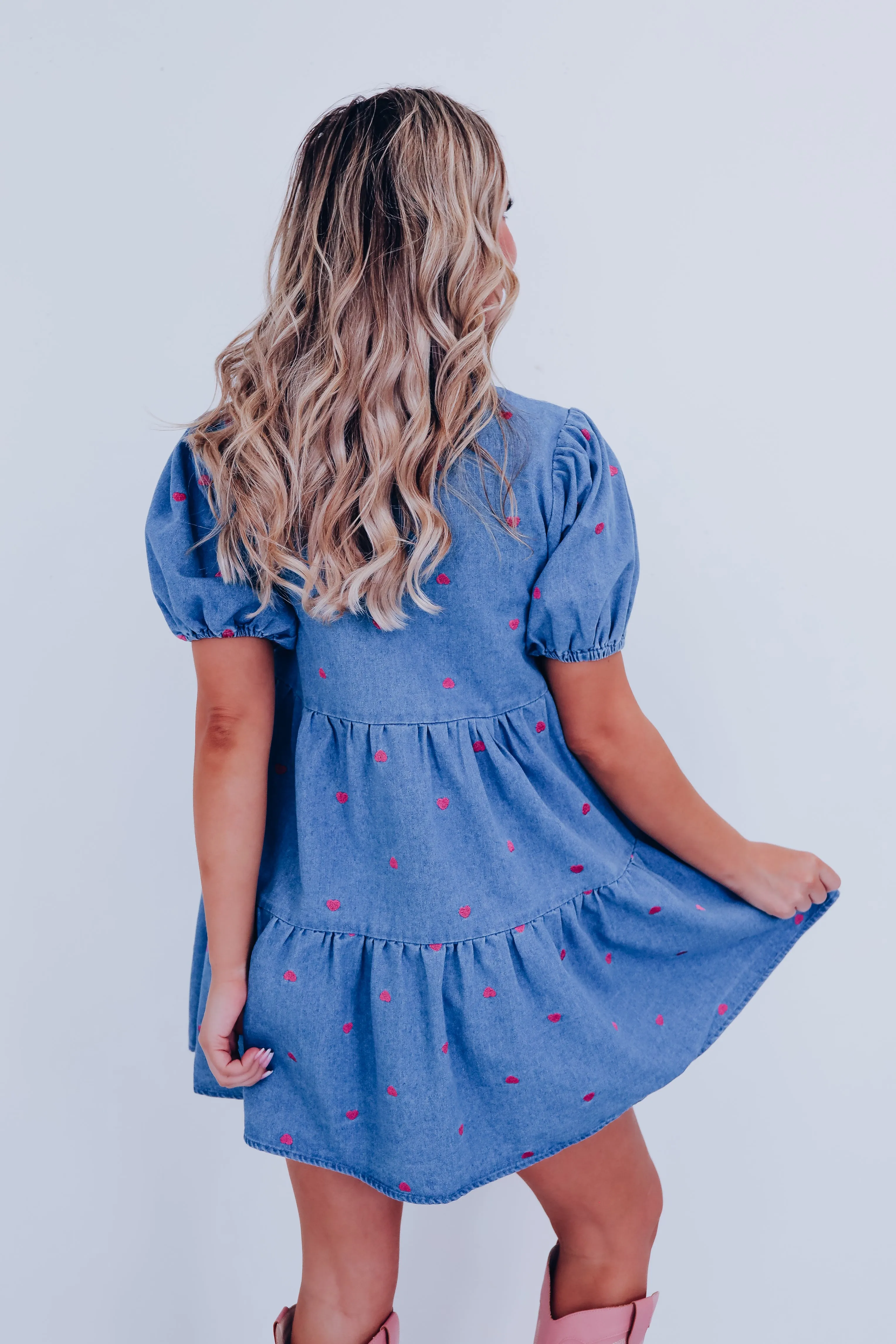 Playful Pink Heart Denim Babydoll Dress