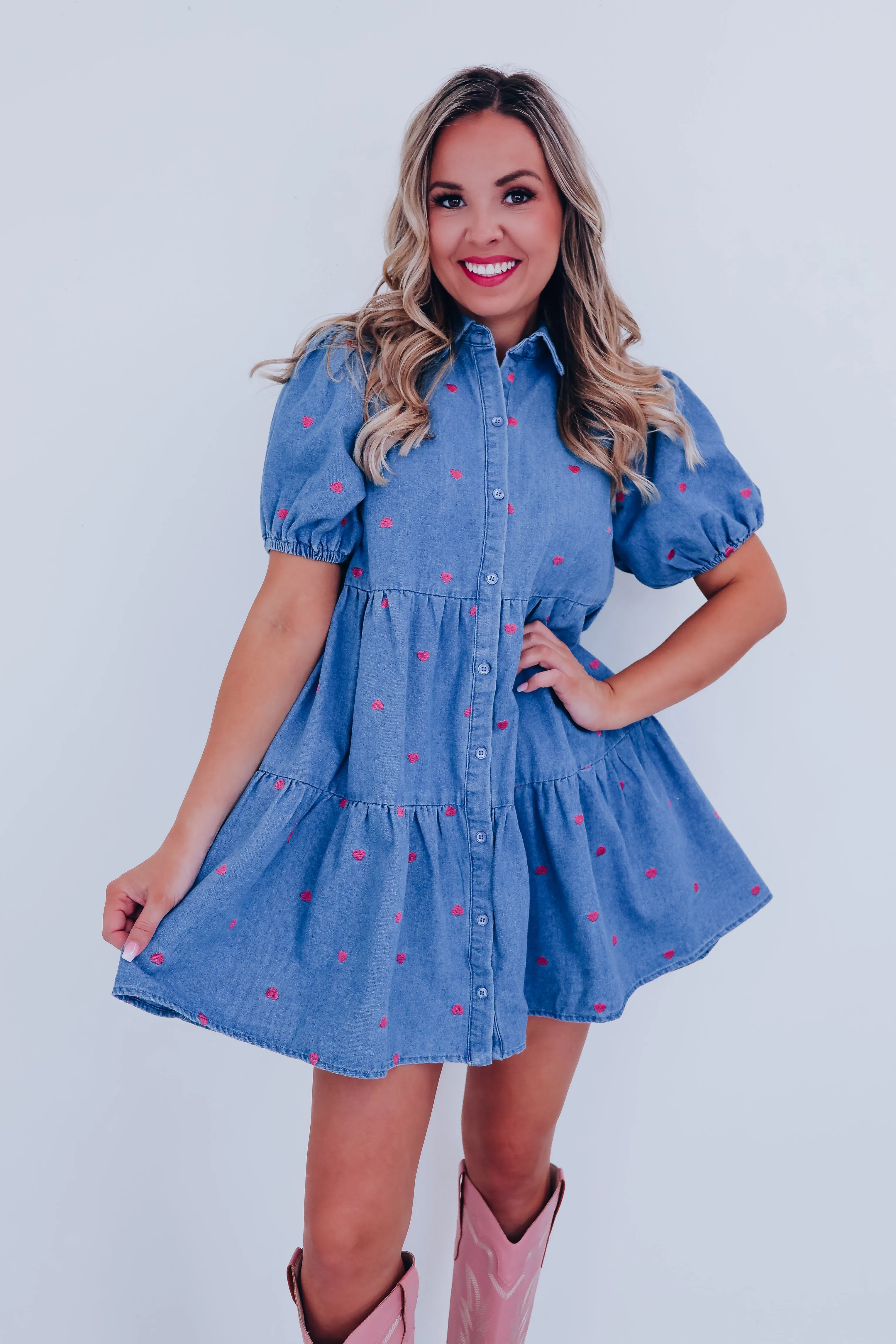 Playful Pink Heart Denim Babydoll Dress