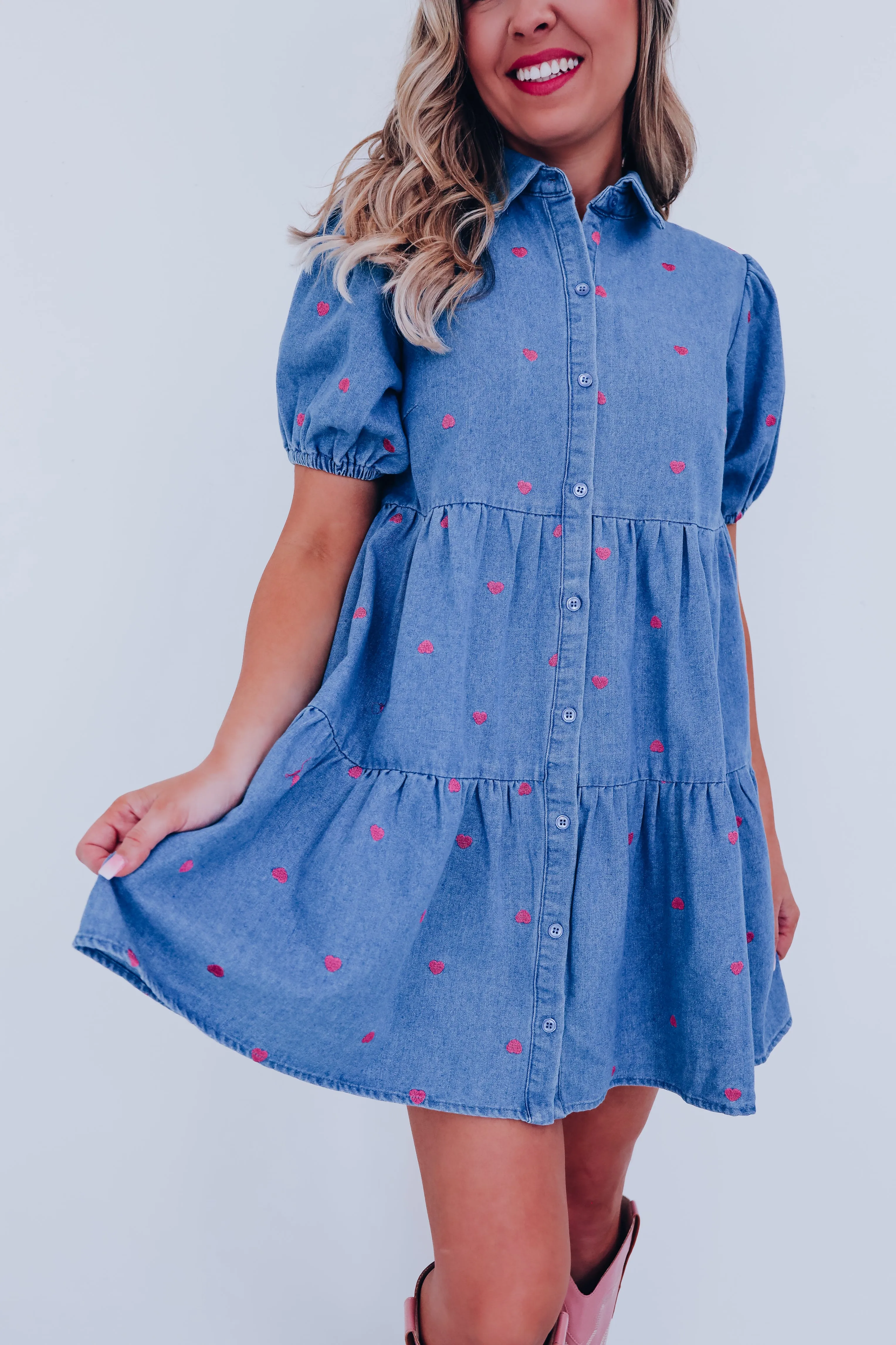 Playful Pink Heart Denim Babydoll Dress