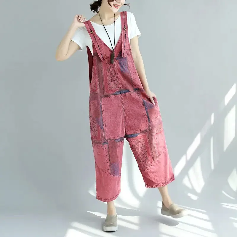 Printed old washed large crotch women pants