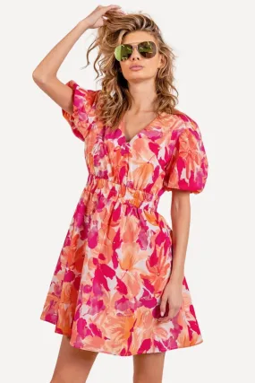 Puff Sleeve Floral Mini Dress - Pink