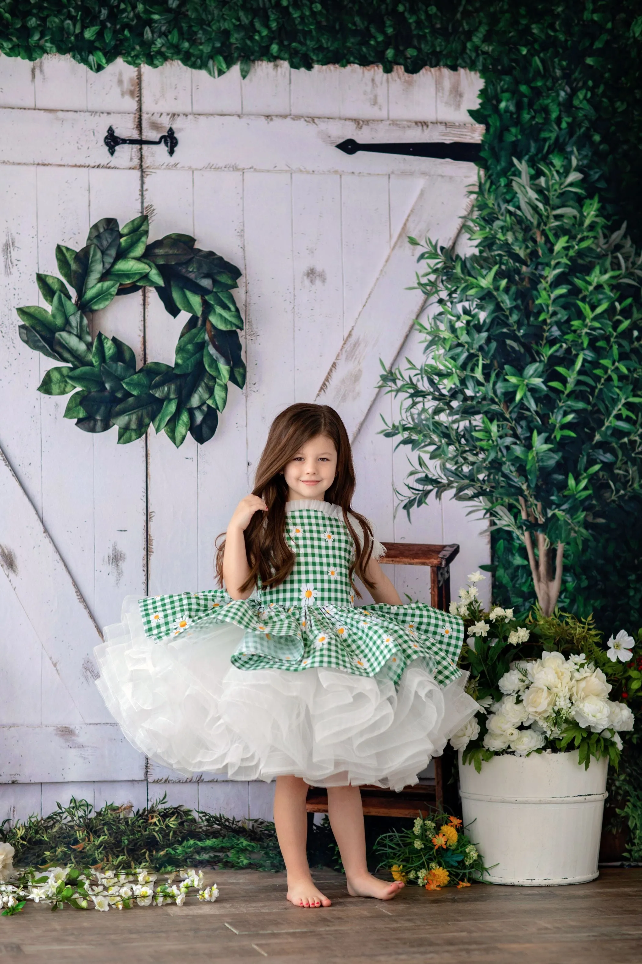 "Blooming Spring in Green "- Petal Length off shoulder (6 Year-Petite 7 Year)