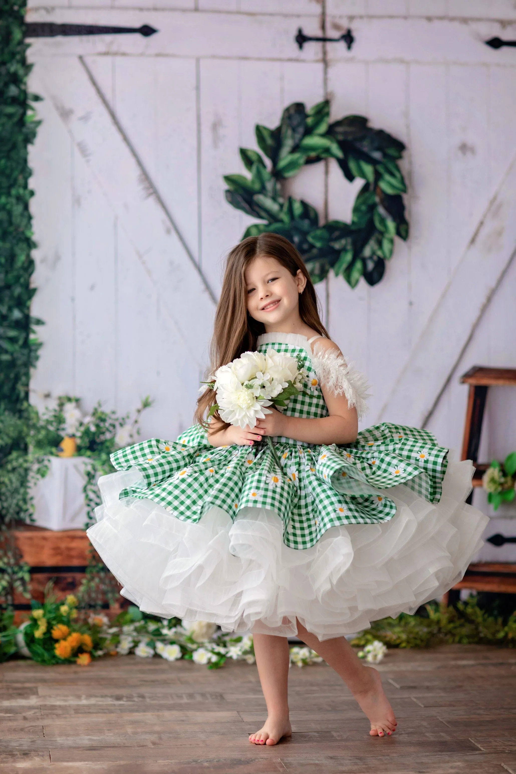 "Blooming Spring in Green "- Petal Length off shoulder (6 Year-Petite 7 Year)