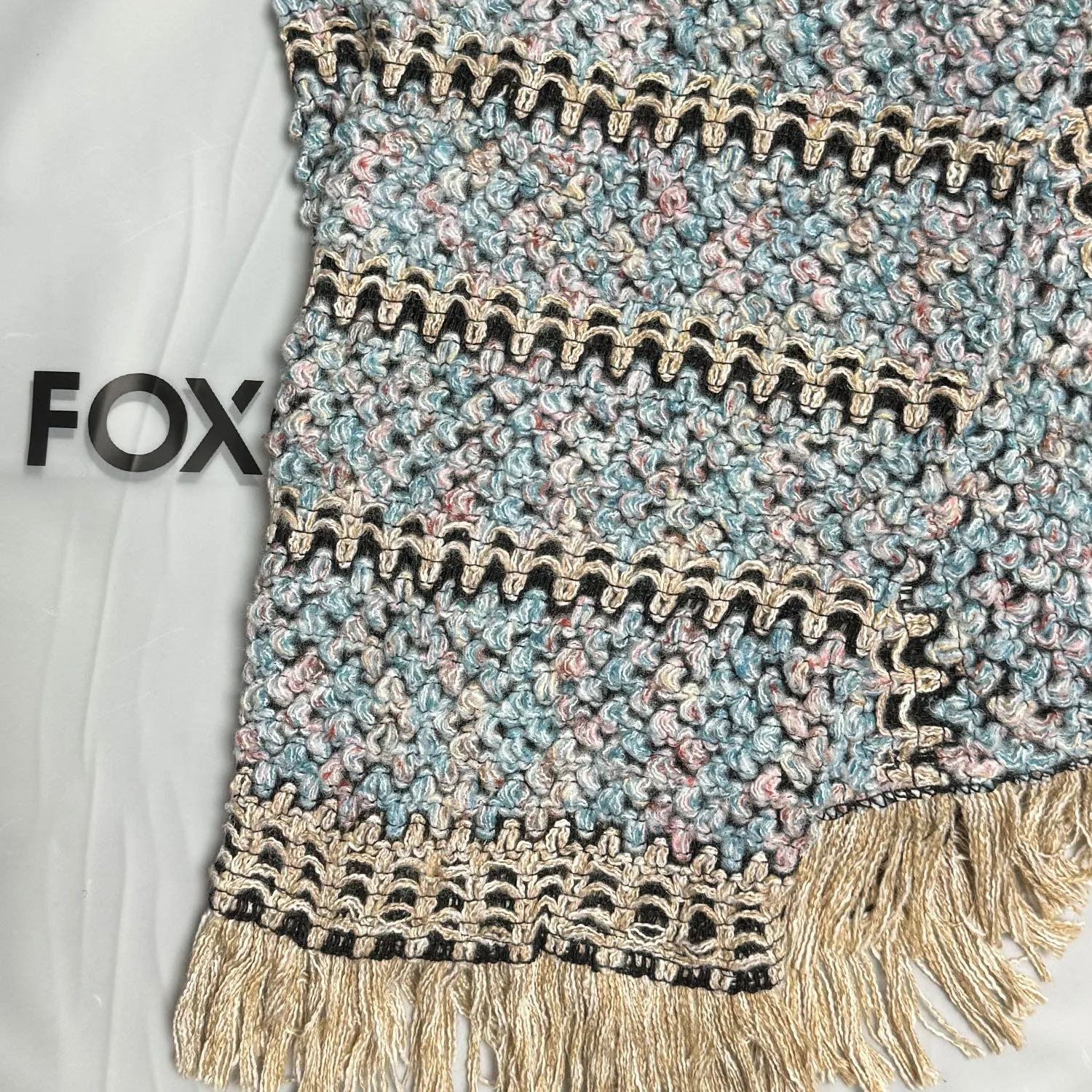 Retro Blue Diagonal Striped Pattern Fringe Trim Boucle Knit Poncho Sweater