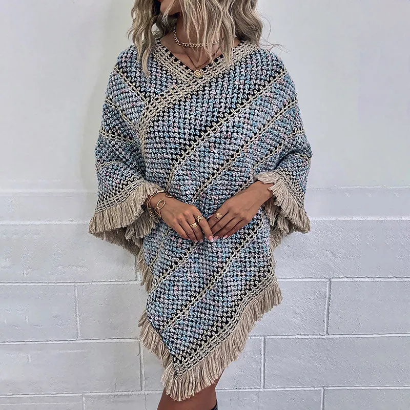 Retro Blue Diagonal Striped Pattern Fringe Trim Boucle Knit Poncho Sweater