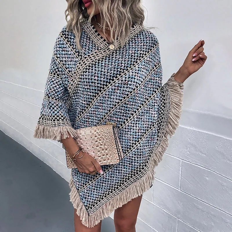 Retro Blue Diagonal Striped Pattern Fringe Trim Boucle Knit Poncho Sweater