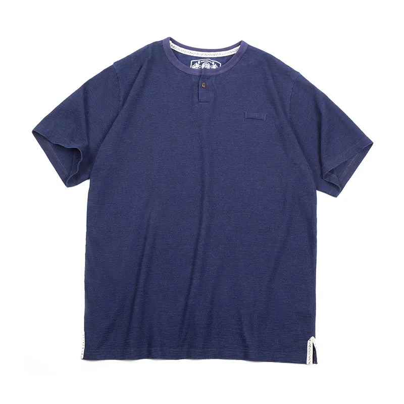 Retro Indigo Henley Cotton T-shirt