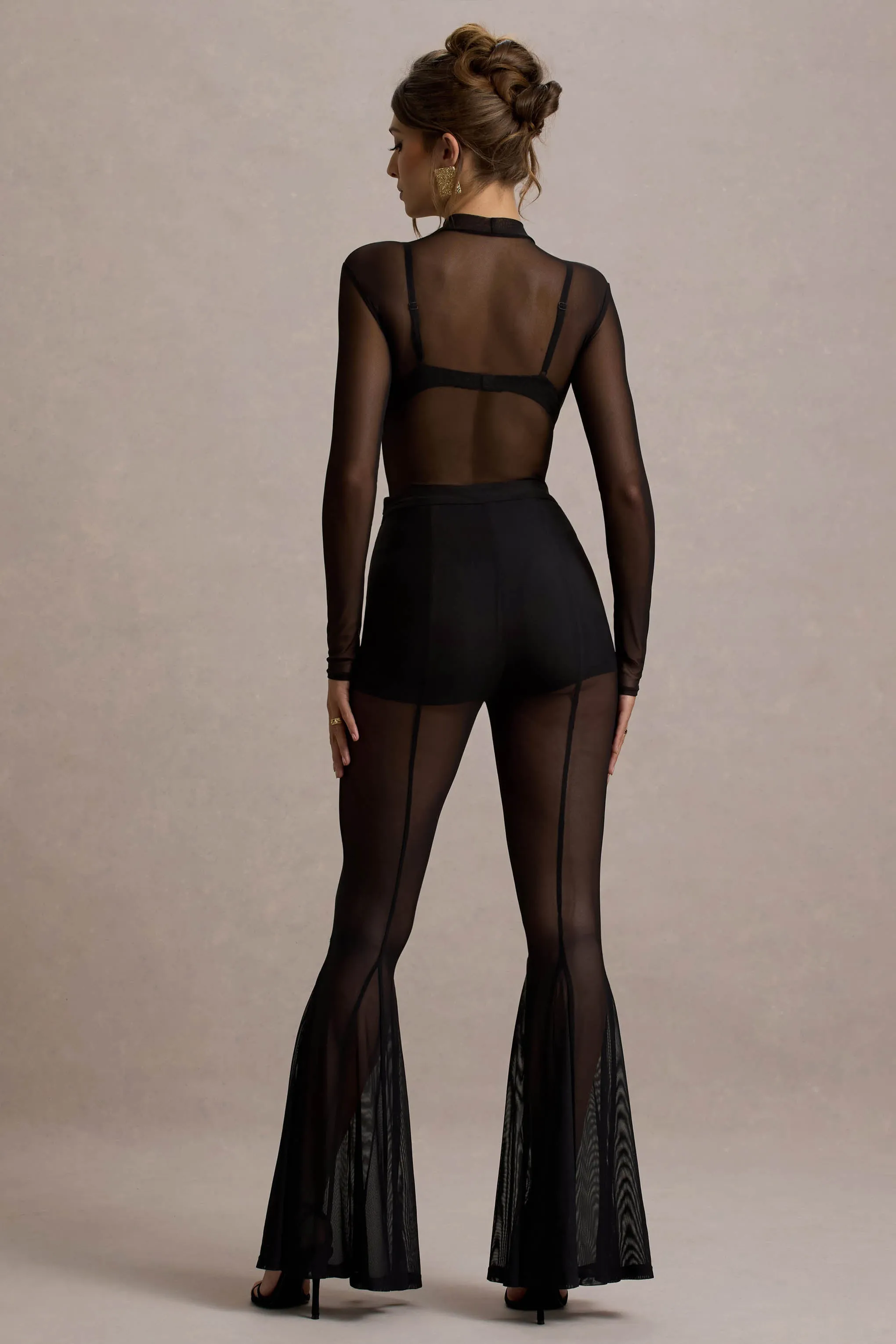 Romelle | Black Mesh Flared-Leg Trousers