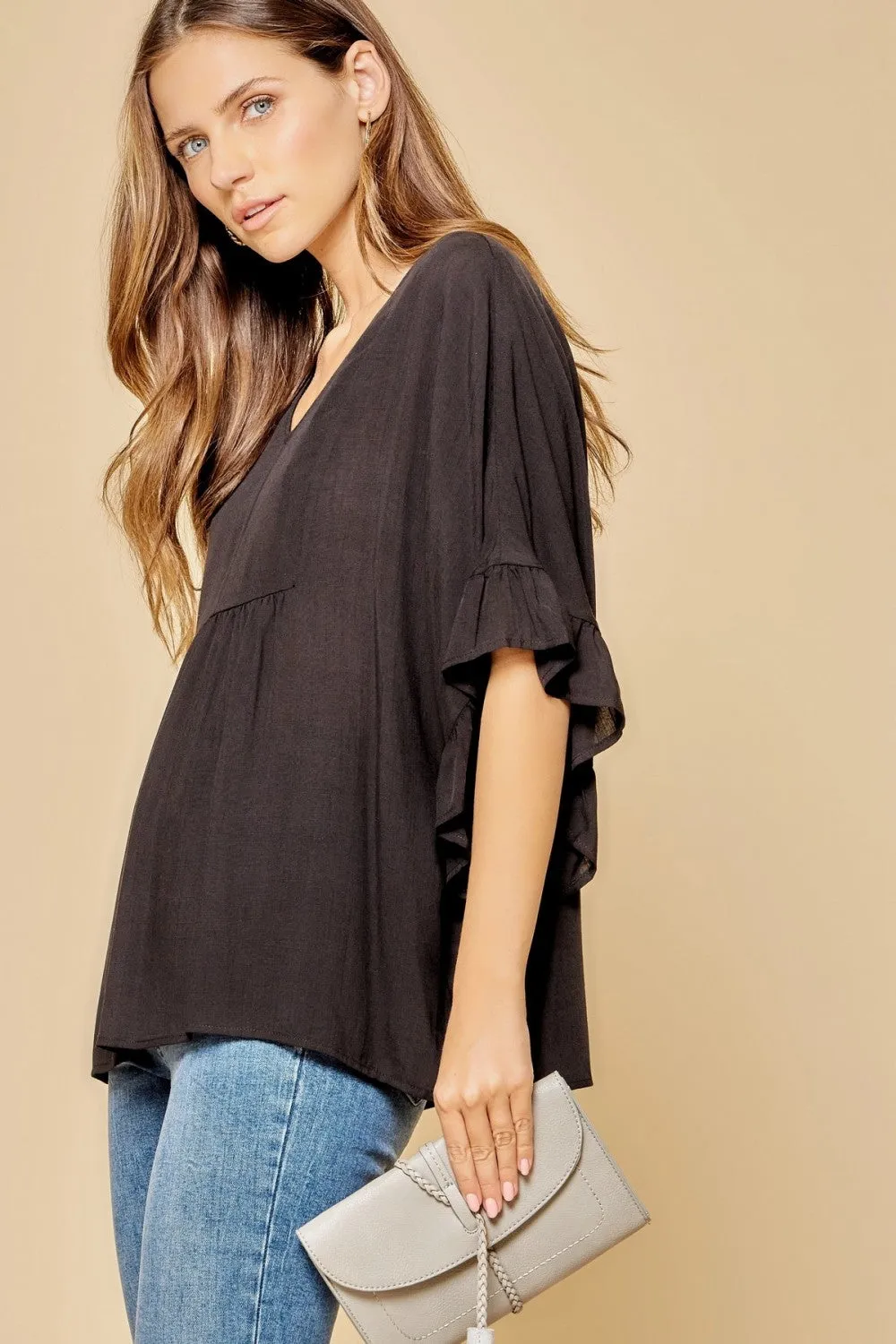 Ruffle Sleeve Top, Black