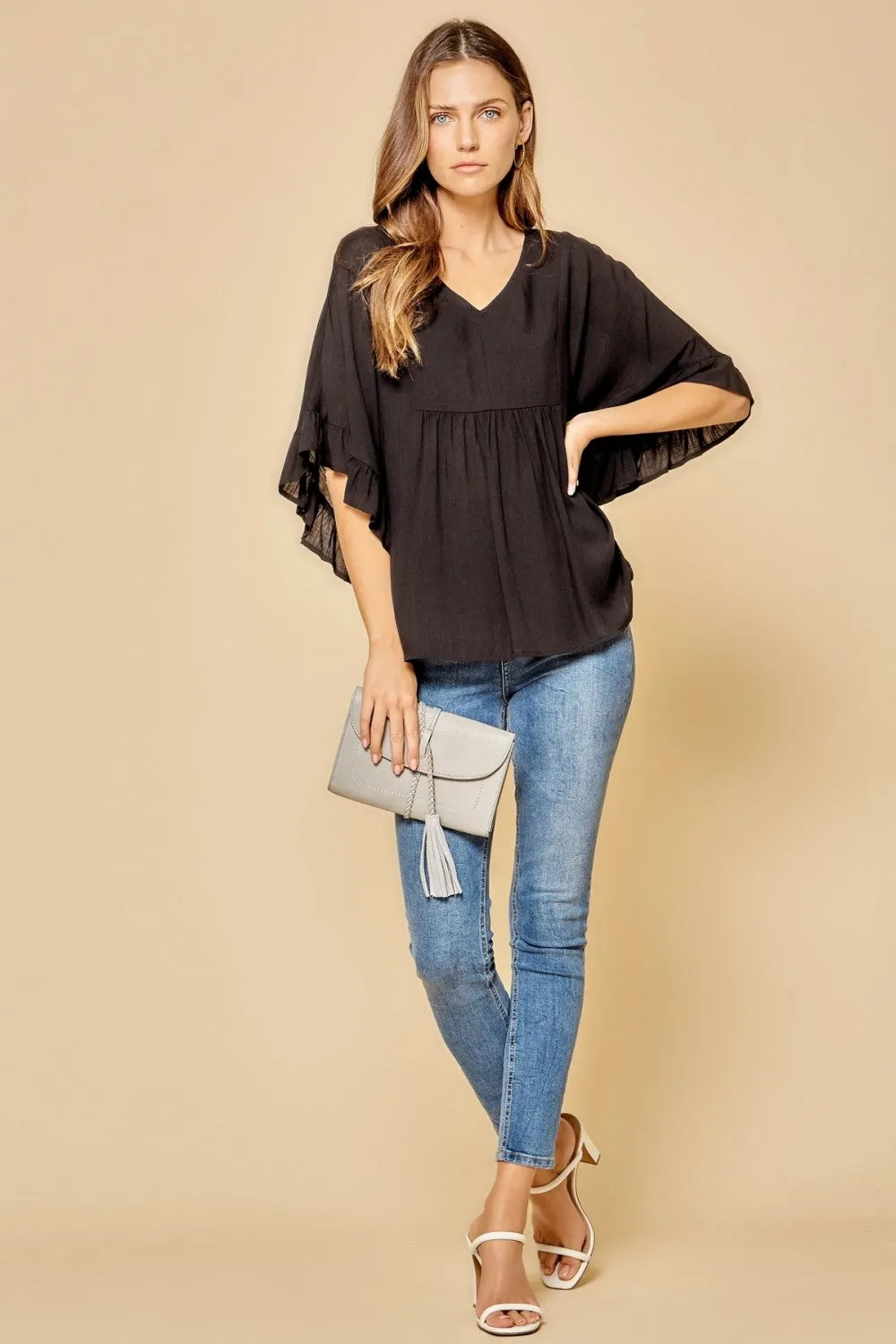 Ruffle Sleeve Top, Black