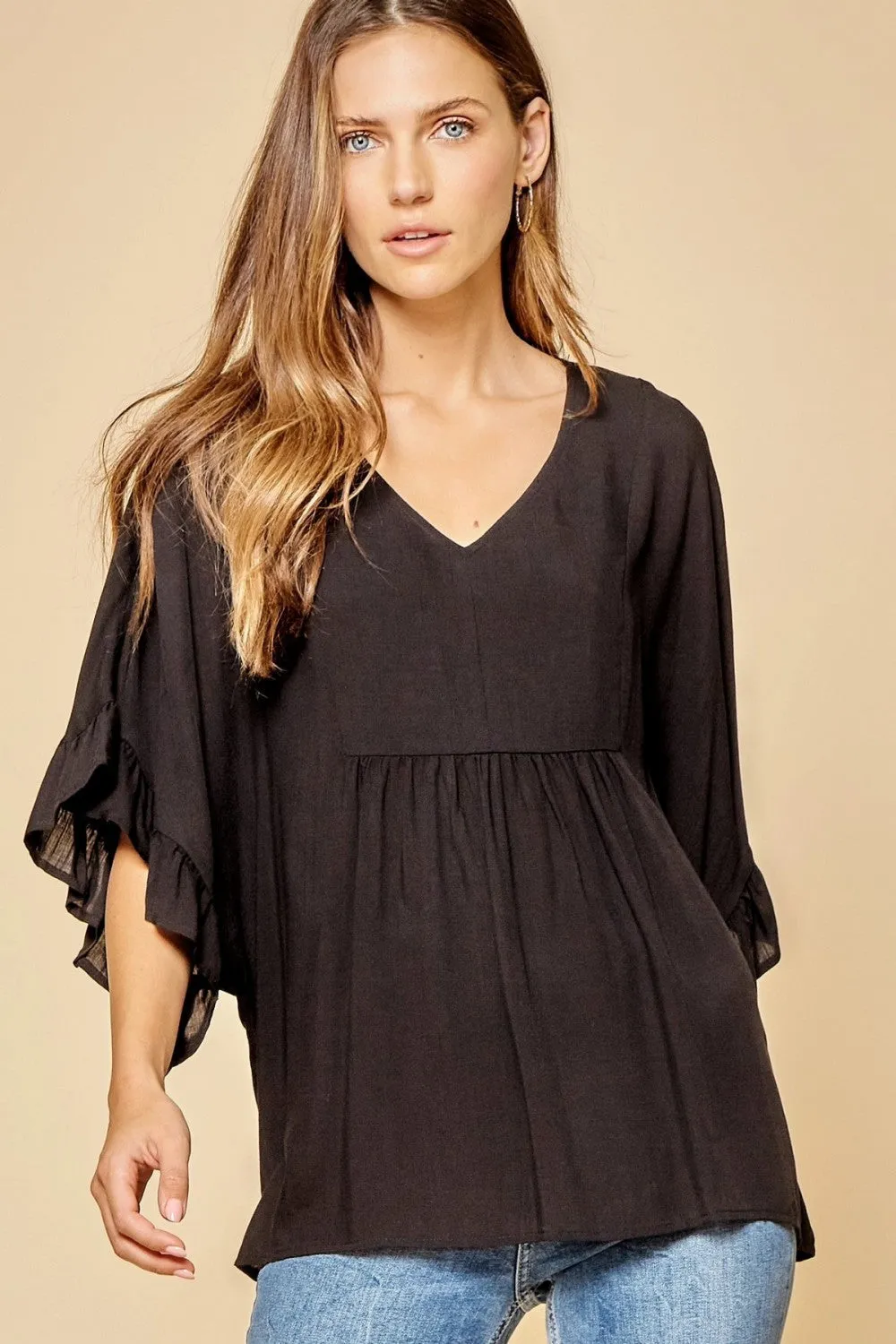 Ruffle Sleeve Top, Black